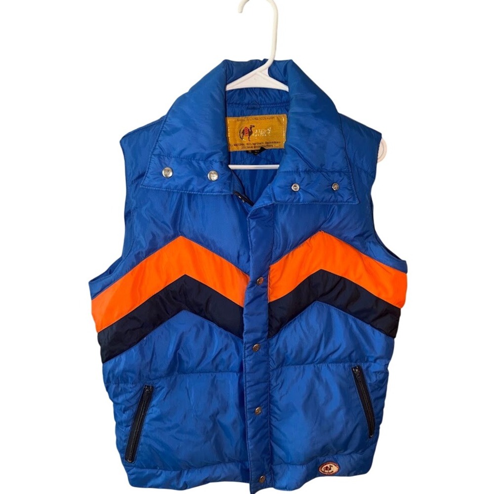 Vintage Camel Joe Puffer Vest Blue Orange Chevron Down Fill Mens Size Medium